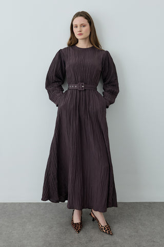 Kıraşlı Kaplama Kemerli Elbise Kahverengi