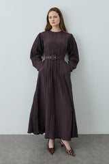 Kıraşlı Kaplama Kemerli Elbise Kahverengi