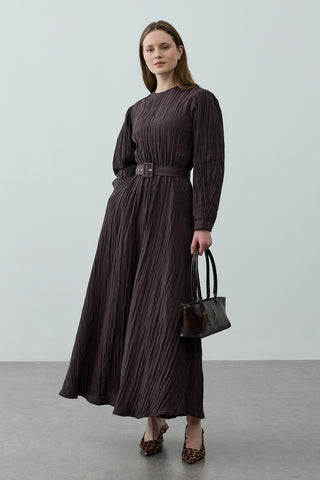 Kıraşlı Kaplama Kemerli Elbise Kahverengi