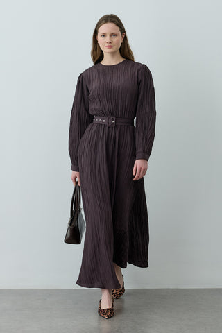 Kıraşlı Kaplama Kemerli Elbise Kahverengi