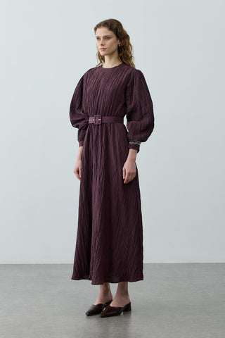 Kıraşlı Kaplama Kemerli Elbise Mürdüm