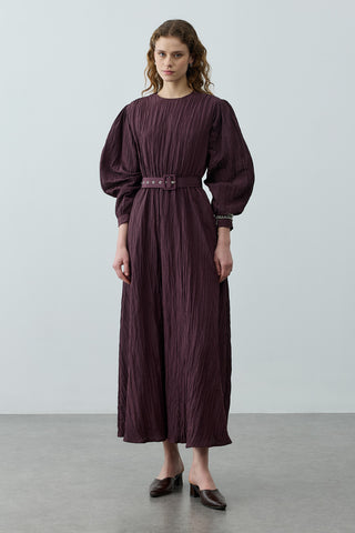 Kıraşlı Kaplama Kemerli Elbise Mürdüm