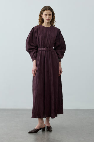 Kıraşlı Kaplama Kemerli Elbise Mürdüm