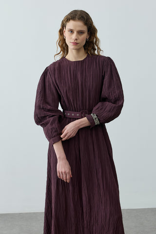 Kıraşlı Kaplama Kemerli Elbise Mürdüm