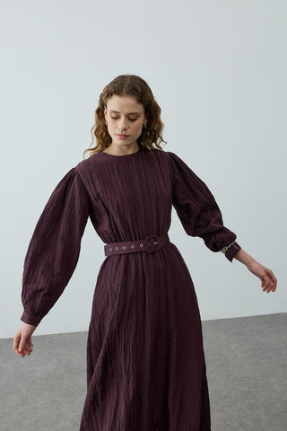 Kıraşlı Kaplama Kemerli Elbise Mürdüm