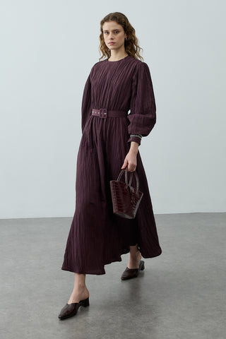 Kıraşlı Kaplama Kemerli Elbise Mürdüm