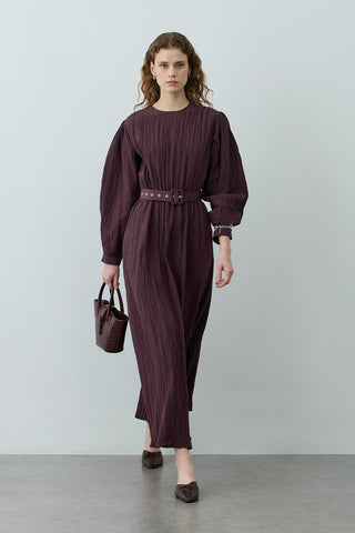 Kıraşlı Kaplama Kemerli Elbise Mürdüm