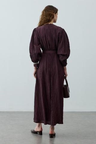 Kıraşlı Kaplama Kemerli Elbise Mürdüm