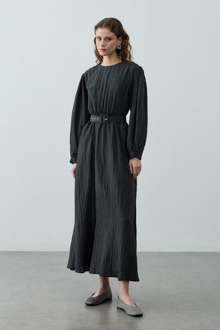 Kıraşlı Kaplama Kemerli Elbise Siyah