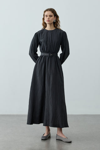 Kıraşlı Kaplama Kemerli Elbise Siyah