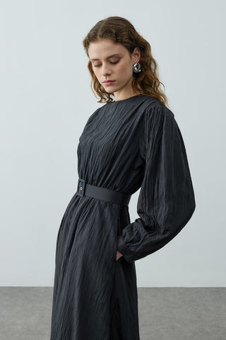 Kıraşlı Kaplama Kemerli Elbise Siyah