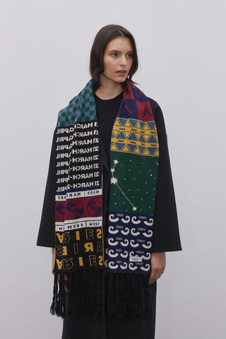 Koç Burcu Temalı Örme Uzun Atkı Desenli