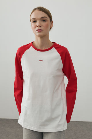 Kombine Reglan Kollu Tişört Kırmızı