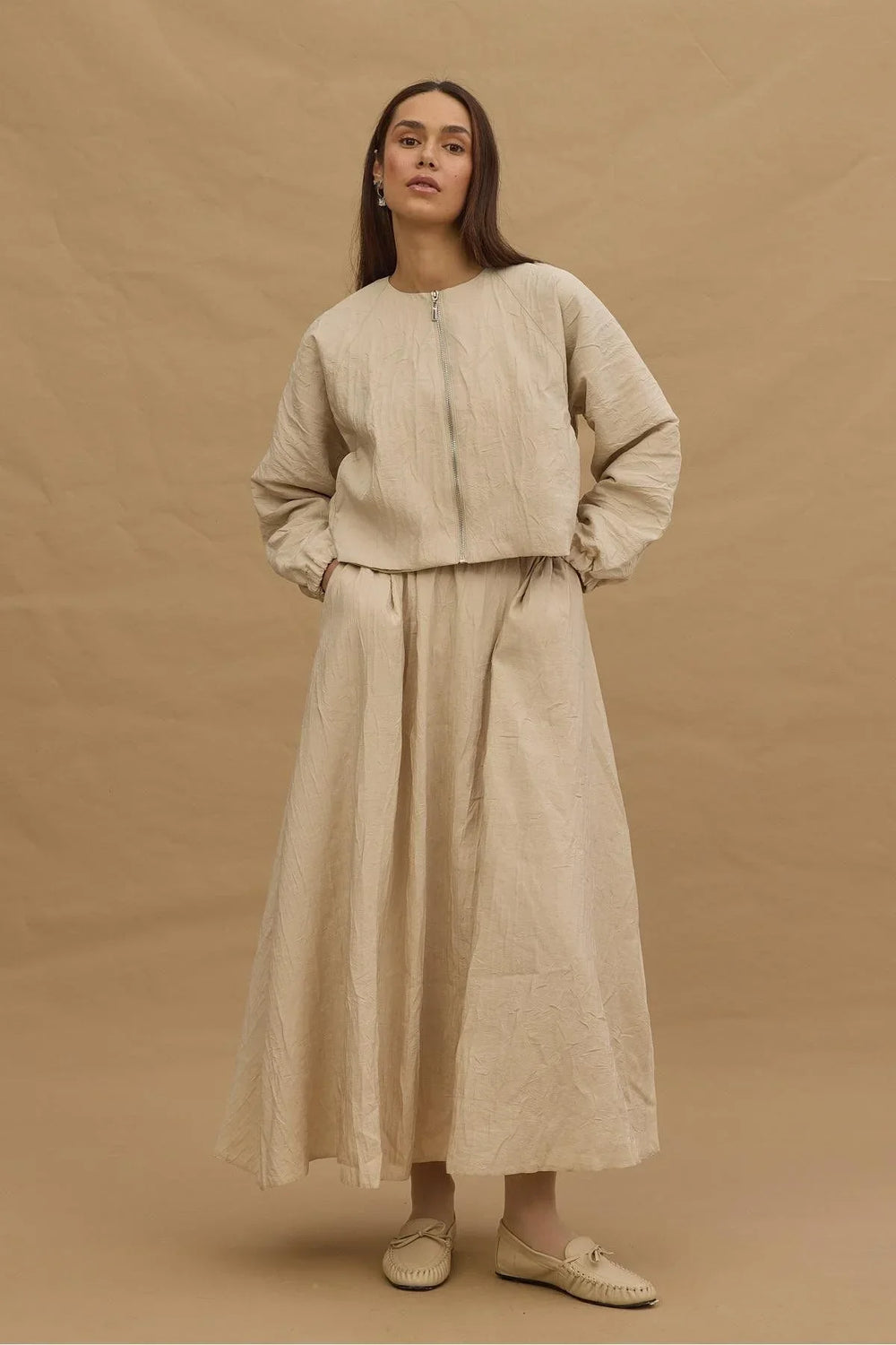 Kraşlı Bomber Skirt Set Stone