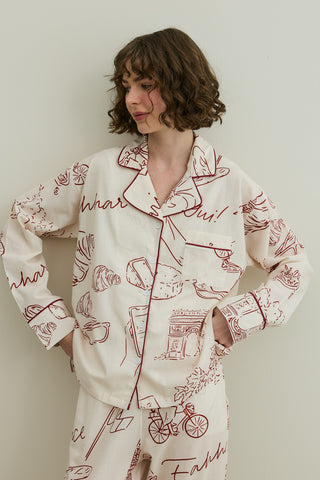 Kruvasan Desen Pamuk Pijama Takımı Ekru