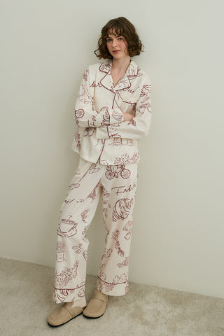 Kruvasan Desen Pamuk Pijama Takımı Ekru