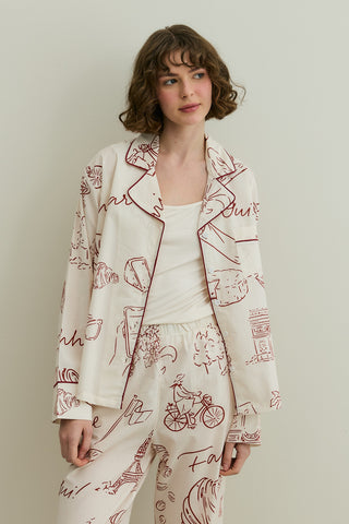 Kruvasan Desen Pamuk Pijama Takımı Ekru