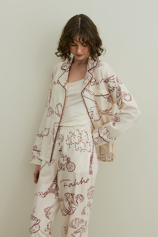 Kruvasan Desen Pamuk Pijama Takımı Ekru