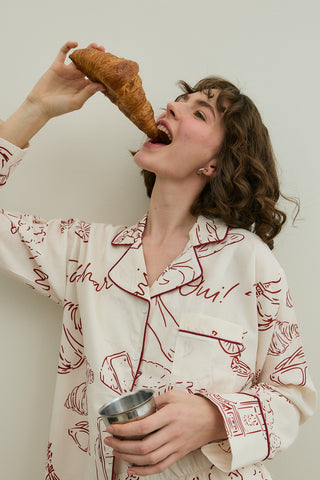 Kruvasan Desen Pamuk Pijama Takımı Ekru