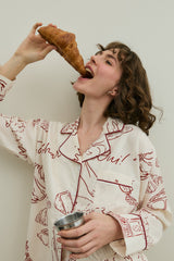 Kruvasan Desen Pamuk Pijama Takımı Ekru