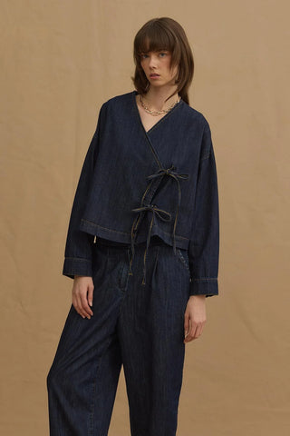 Kruvaze Bağlamalı Denim Ceket Lacivert
