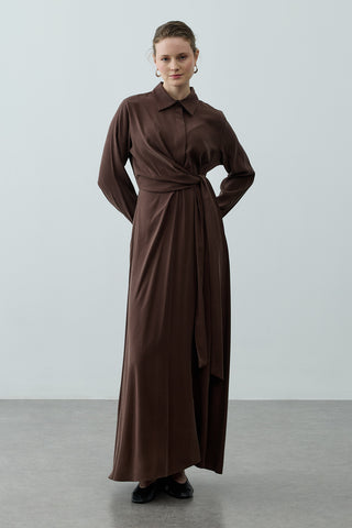 Kruvaze Bağlamalı Elbise Kahverengi