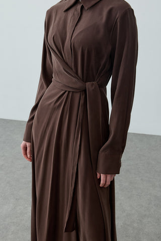 Kruvaze Bağlamalı Elbise Kahverengi