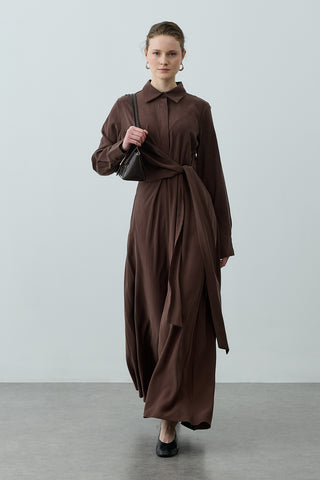 Kruvaze Bağlamalı Elbise Kahverengi