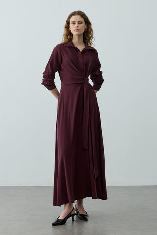 Kruvaze Bağlamalı Elbise Mürdüm