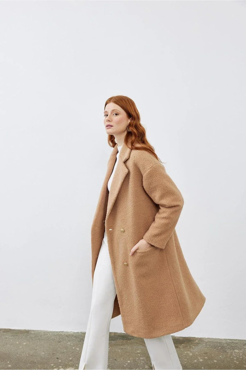 Double Breasted Boucle Women's Coat Stone Stone