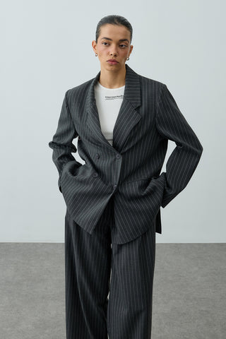 Kruvaze Çizgili Oversize Blazer Ceket Antrasit