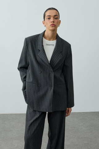 Kruvaze Çizgili Oversize Blazer Ceket Antrasit