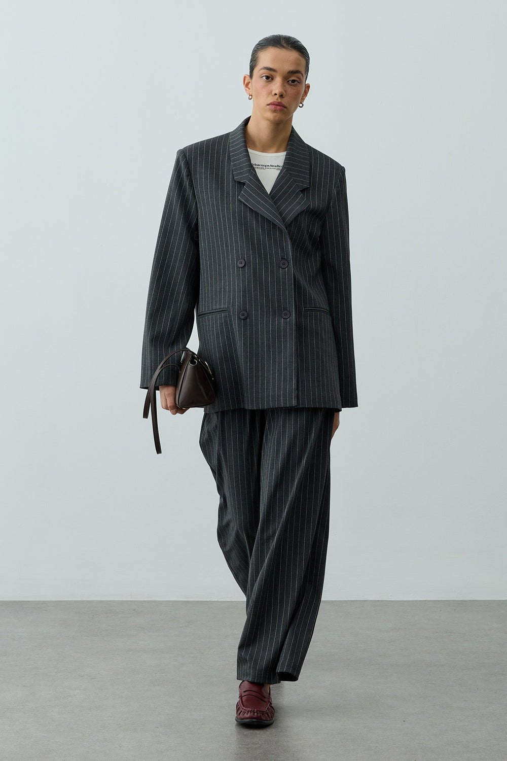 Kruvaze Çizgili Oversize Blazer Ceket Antrasit