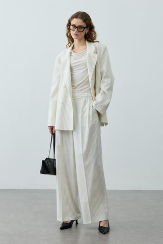 Kruvaze Çizgili Oversize Blazer Ceket Ekru
