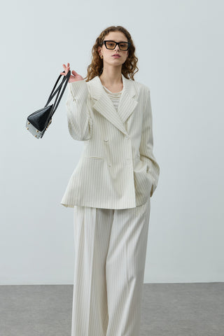 Kruvaze Çizgili Oversize Blazer Ceket Ekru