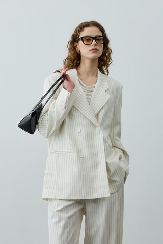 Kruvaze Çizgili Oversize Blazer Ceket Ekru