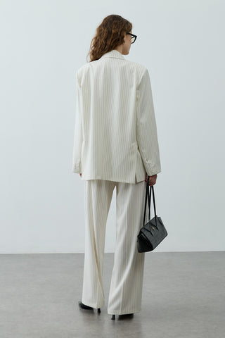 Kruvaze Çizgili Oversize Blazer Ceket Ekru