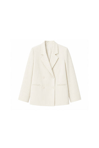 Kruvaze Çizgili Oversize Blazer Ceket Ekru