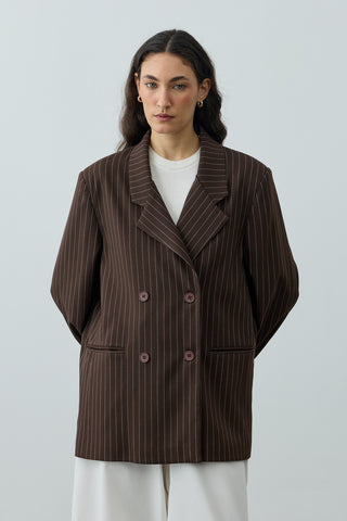 Kruvaze Çizgili Oversize Blazer Ceket Kahverengi