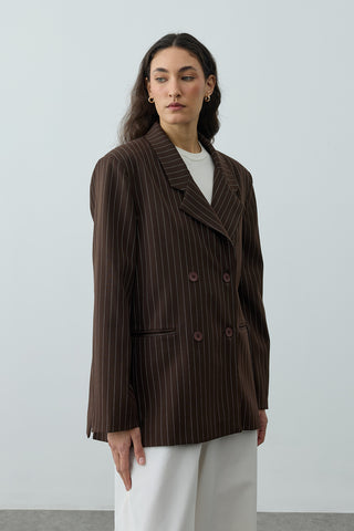 Kruvaze Çizgili Oversize Blazer Ceket Kahverengi