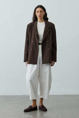 Kruvaze Çizgili Oversize Blazer Ceket Kahverengi