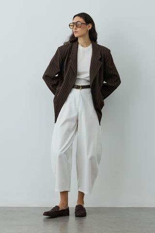Kruvaze Çizgili Oversize Blazer Ceket Kahverengi
