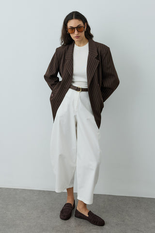 Kruvaze Çizgili Oversize Blazer Ceket Kahverengi