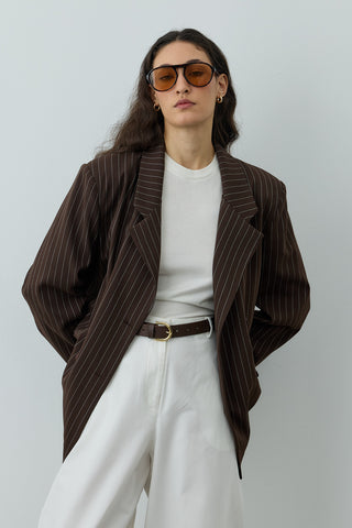Kruvaze Çizgili Oversize Blazer Ceket Kahverengi
