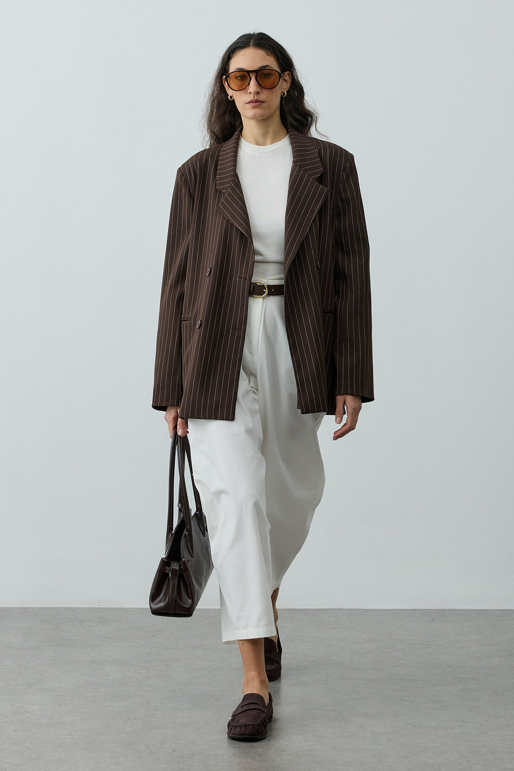 Kruvaze Çizgili Oversize Blazer Ceket Kahverengi
