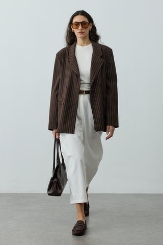 Kruvaze Çizgili Oversize Blazer Ceket Kahverengi