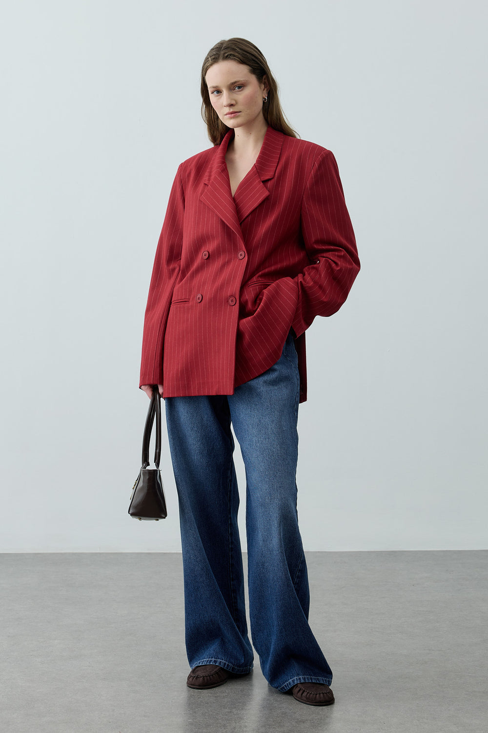 Kruvaze Çizgili Oversize Blazer Ceket Kırmızı