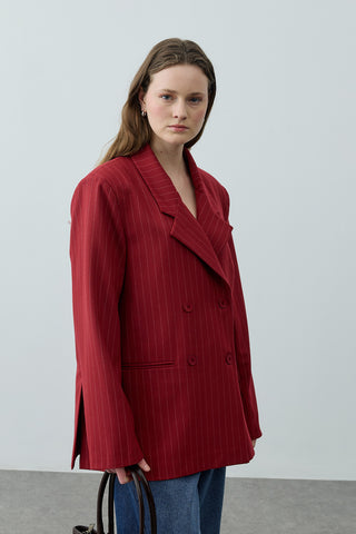 Kruvaze Çizgili Oversize Blazer Ceket Kırmızı