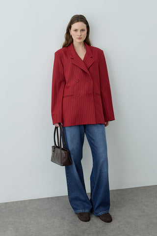 Kruvaze Çizgili Oversize Blazer Ceket Kırmızı