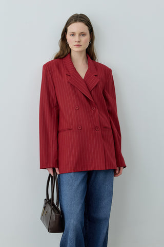 Kruvaze Çizgili Oversize Blazer Ceket Kırmızı